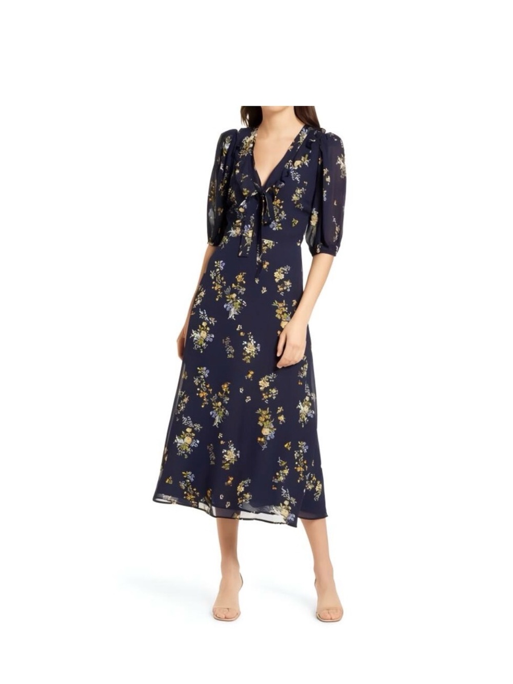 Reformation Navy Floral Tie-Front Midi Dress